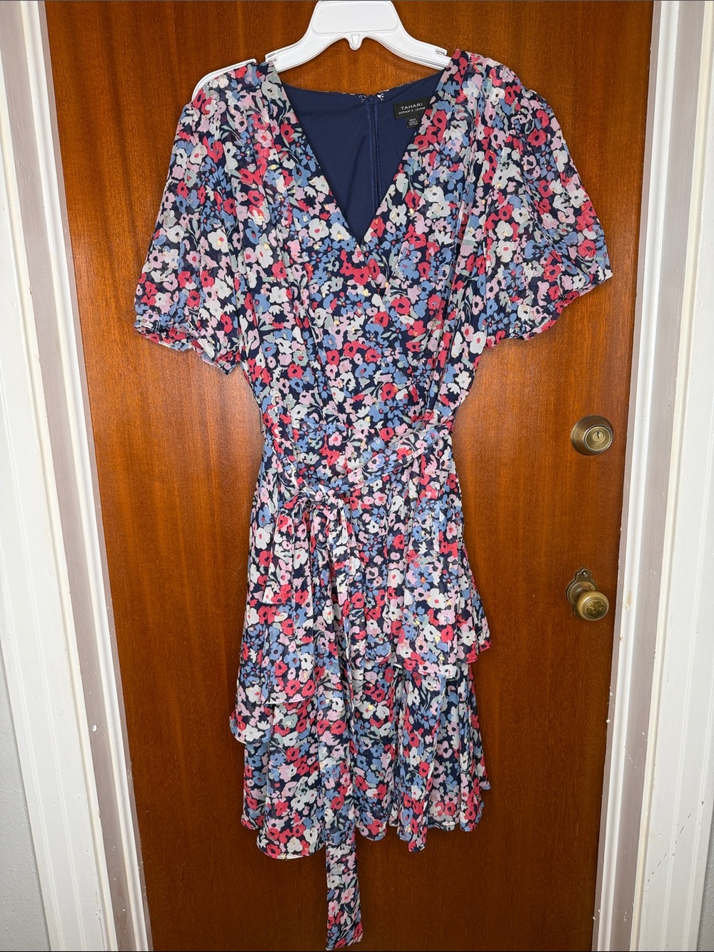 Tahari Navy Floral V-Neck Wrap Midi Dress with Pink and White Blooms